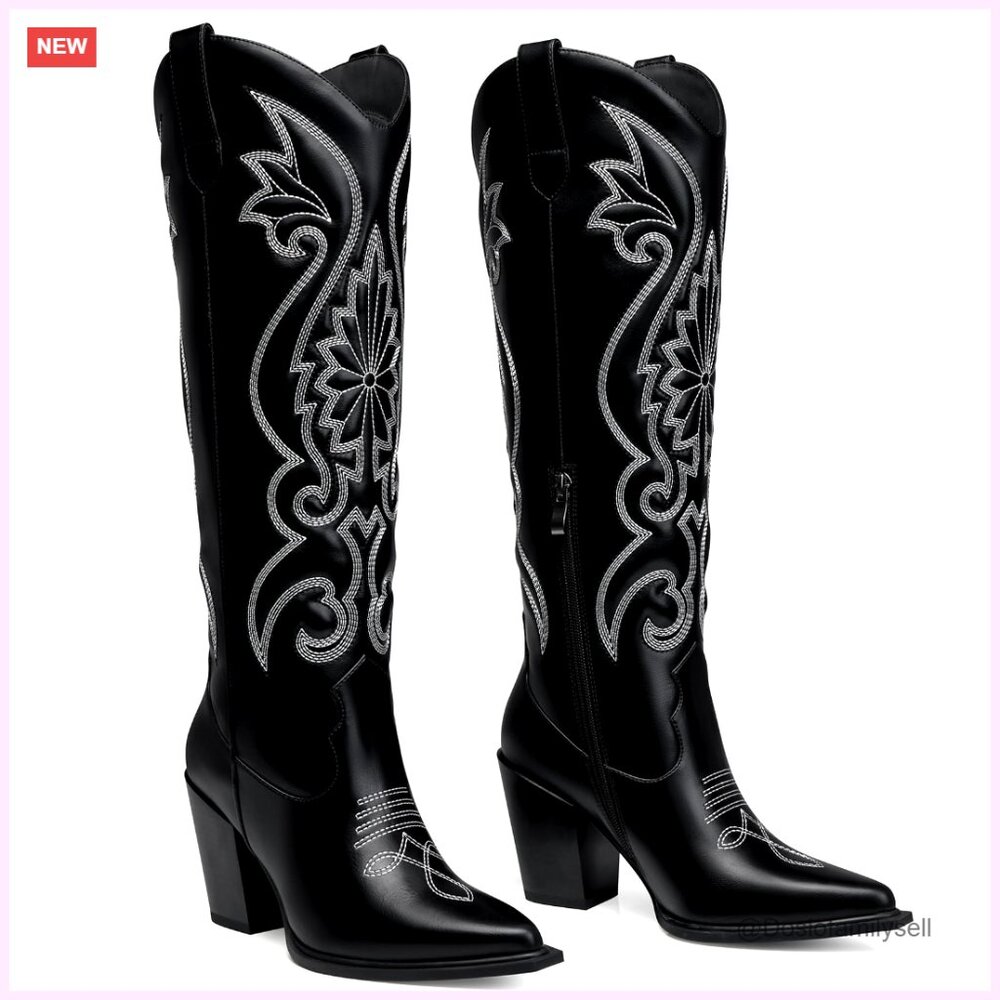 Women's Knee High Cowboy Boots 3.5 Inch Chunky Heel Wide Calf Embroidered